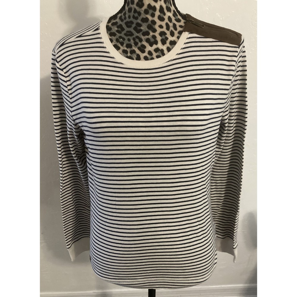 Ralph Lauren Blouse Top XL Nautical Stripes white blue Patch Elbows round neck